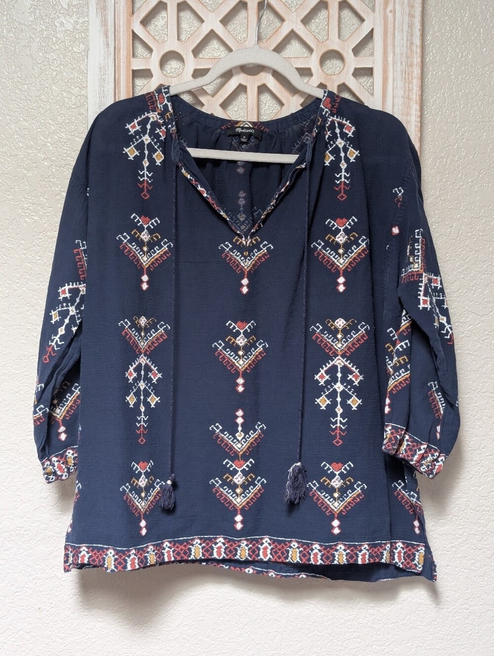Madewell Marta Folkstitch Popover Blouse Top Size M Aztec Boho Southwestern Navy